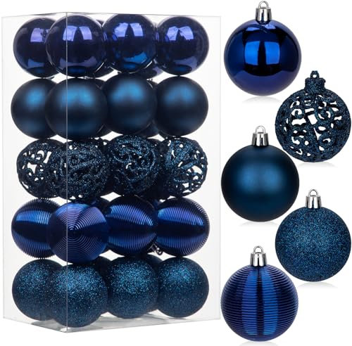 30 pcs Christmas Baubles Xmas Ball Ornaments with Strings, 60mm/2.4 Dark Blue Shatterproof Plastic Hanging Decorations, Christmas Tree Pendants for Home Party Wedding Holiday