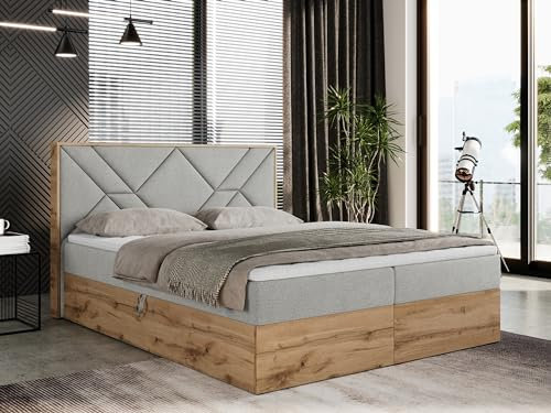 MKS MEBLE Boxspringbett 160x200 mit Bettkasten, Polsterbett 160x200 mit Matratze H4, Boxspringbett 160x200 mit Kopfteil, Boxspringbett mit Massivholz - Gunar - Hellgrau Struktur - H4