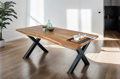 SAM Esstisch 200 x 100 cm Tomaso, Baumkantentisch naturfarben, Akazienholz massiv, X-Gestell aus Metall Schwarz, echte Baumkante