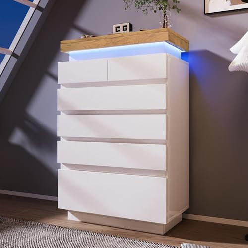Idemon Aparador de 6 cajones brillante con iluminación ambiental (controlado por aplicaciones), armario multifunción para salón y dormitorio, 115 x 73 x 39 cm, color blanco