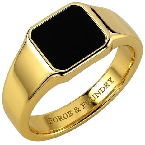 Forge & Foundry Men's Stainless Steel and Onyx Gemstone Signet Ring | The Gentleman's Ring |18K Gold Plated or Polished Stainless Steel