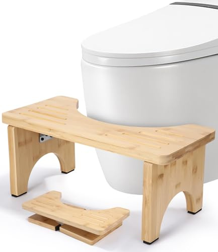 Tabouret de toilette en bambou pour adulte - Pliable avec coussinets antidérapants - Ergonomique - Pour salle de bain - Pour hémorroïdes, constipation, ballonnements