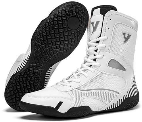 Hiuzylqx Uomo Scarpe da Boxe Scarpe da Lotta Pugilato Wrestling Suola Antiscivolo per Allenamento Combattimento Esercizio Fitness Arti Marziali,Bianca,43 EU