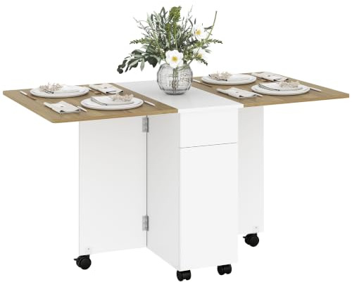 HOMCOM Table à Manger Pliante roulettes 140x76x74 cm Blanc et Bois Naturel