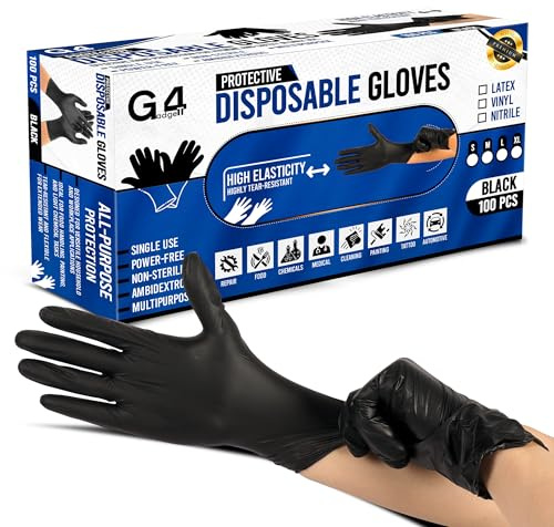 G4GADGET Guanti usa e getta in vinile nero, taglia S, confezione da 100, senza lattice, senza polvere, adatti per alimenti, per cucinare, pulire, salone, tatuaggi, dettagli auto e uso domestico