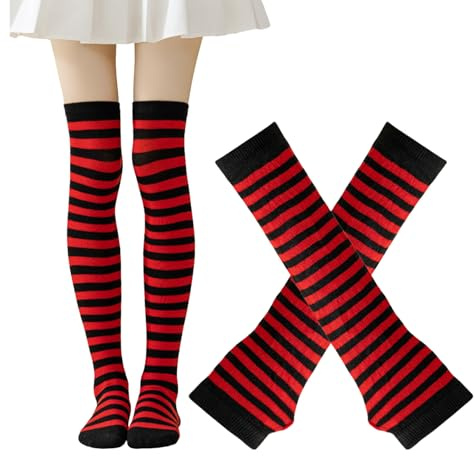 MUNSKT Thigh High Socks Fingerless Gloves Set Rainbow Red Striped Arm Leg Socks Set Long Socks for Women Girls Arm Leg Warmer Long Knit Over Knee Thigh High Sock (Red Black)
