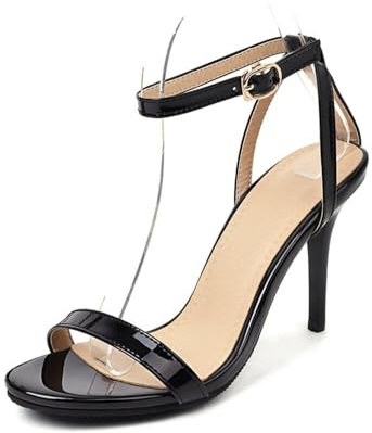 Générique Escarpins Femme Bout Ouvert Fine Lanière Cheville Boucle Sandales à Talon Aiguille Slim en Cuir Vernis PU Bride Arrière Élégantes Soirée Décontractées,Noir,42 EU
