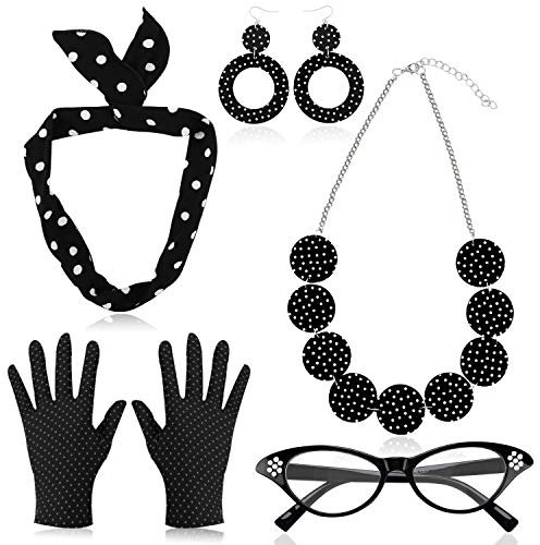 HOWAF 50er Jahre Accessoires Damen Rockabilly Accessoires 50er Jahre Kleider Zubehör 60er Jahre Kleidung Set mit Polka Dots Bandana Haarband Ohrringe Halskette Handschuhe Katzenaugen Brille, Schwarz