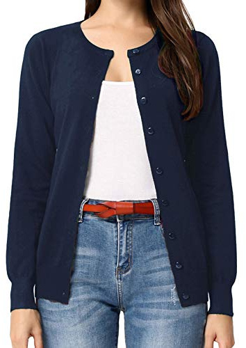 GRACE KARIN Women's Long Sleeve Button Down Crew Neck Classic Sweater Knit Cardigan(M,Midnight Blue)