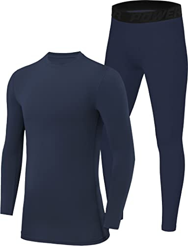 PowerLayer Skins for Boys Kids Base Layer Thermal Long Sleeve Top & Tights Football Compression Set - Navy Top + Navy Tights, 10-12 Years