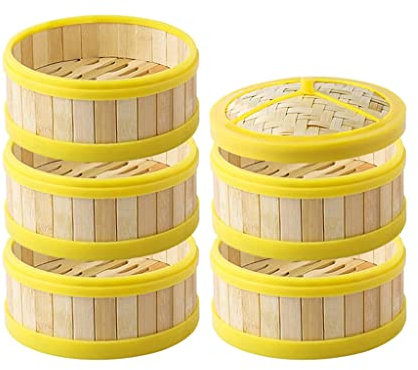 PIAOLING Cesta de Vapor de bambú, vaporera de Alimentos de 5 Niveles con Tapa, vaporera Hecha a Mano de bambú Natural con Borde de plástico para cocinar/Verduras/albóndigas/Huevos
