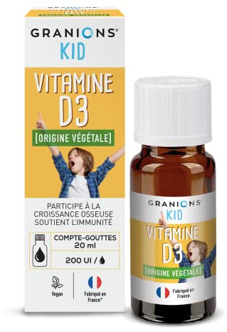 GRANIONS KID BIO VITAMINE D3 - Compte gouttes 20 ml - 200 UI par goutte - Double action CROISSANCE OSSEUSE et IMMUNITE - Origine végétale - Absorption optimale - Goût neutre - Vegan