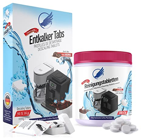 Pflegeset für Kaffeevollautomaten & Kaffeemaschinen. Reinigungstabletten 200 x 2g & Entkalkungstabletten 50 x 16g kompatibel mit allen Maschinen Jura, Siemens, Krups, Bosch, Miele, Melitta, WMF