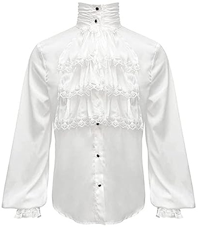Duohropke Camicia da uomo a maniche lunghe da pirata gotica Steampunk con volant, top blusa cosplay vittoriano, costume rinascimentale, bianco, XL