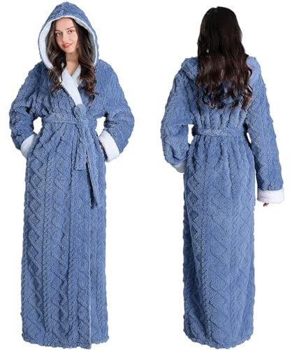 Oksun Peignoir long en polaire pour femme Peignoir à capuche en jacquard doux et moelleux, bleu, X-Large