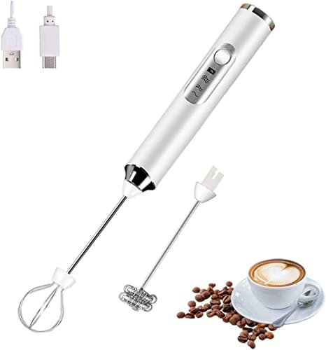 FIOUSY Mousseur à lait électrique portable avec 2 têtes, fouet mélangeur à mousse avec USB rechargeable 3 vitesses, mélangeur de mousse pour latte, cappuccino, chocolat chaud, œuf (Blanc)