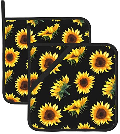 Set di 2 presine da cucina, con stampa di girasole, fiori e piante, resistenti al calore, antiscivolo, per cucina, cucina, barbecue, presine con tasche