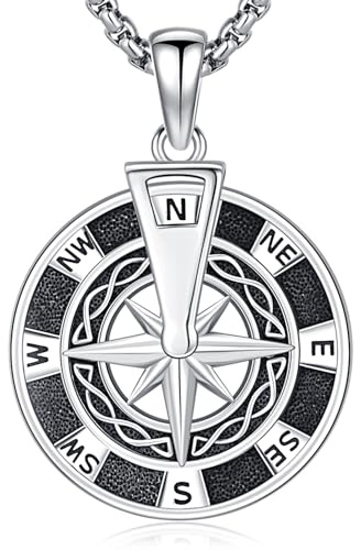 Friggem Boussole Collier en Argent Sterling 925 Boussole Pendentif, Cadeaux Bijoux Saison d'études pour Homme Femme
