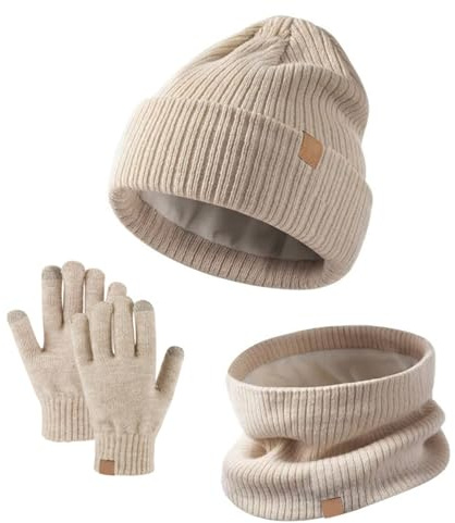 MUNSKT Juego de 3 piezas de gorro, bufanda y guantes de invierno para niños, cálidos sombreros de punto térmico, bufanda, calentadores de cuello, guantes de pantalla táctil, forro de forro polar suave