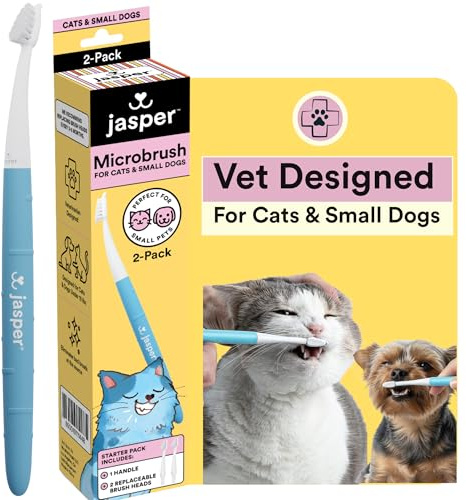 Jasper Microbrush Vet Approved Cat Toothbrush, Soft-Bristled Toothbrush Kit for Felines & Small Dogs, Non-Slip Handle with 2 Replaceable Tooth Brush Heads, Use with Cat Toothpaste, 2-Pack, Blue