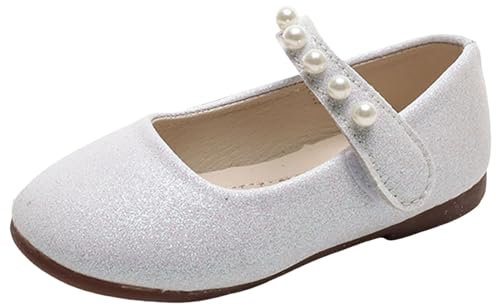 Girl's Dress School Wedding Shoes Glitter Dress Shoes Pearl Girls' Ballet Dance Shoes Girls School Shoes Buckle Strap Ballerina Ballet Ballerina Shoes (White, 1.5 Big Kids)