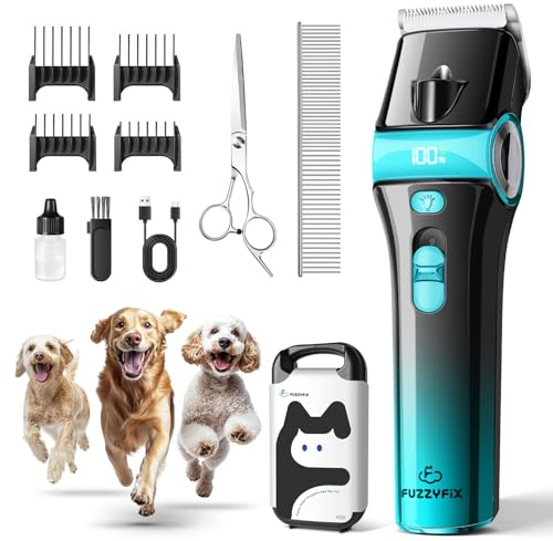FuzzyFix Dog Clippers for Grooming with LED Light 2-Speed Pet Grooming Kit Rechargeable Cordless Hair Trimmer with Detachable Ceramic Blade for Small Dogs Cats with Storage Box
