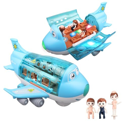 victob Electric Aeroplane Toy with Flashing LED Lights & Sounds, Bump and Go Airplane Toy, Durable ABS Aircraft for Toddlers Ages 3–8 for Boys & Girls, Blue