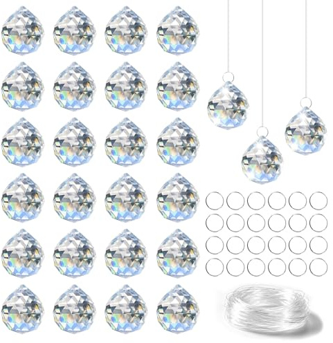 Soodyoow 24 Stück Sonnenfängers, 20mm Sonnenfänger Kristall, Suncatcher, Kristalle zum Aufhängen, Suncatcher Kristall, Sonnenfänger Bastelset, mit Transparenter Linie, und 24 Ringe