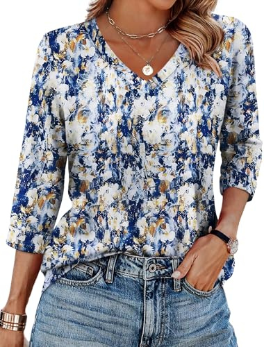 WIHOLL Tops for Women 3/4 Length Sleeve V Neck Casual Tunic Ladies Tops Basic Shirts Loose Fit Blouse Floral Blue Beige Size 14-16