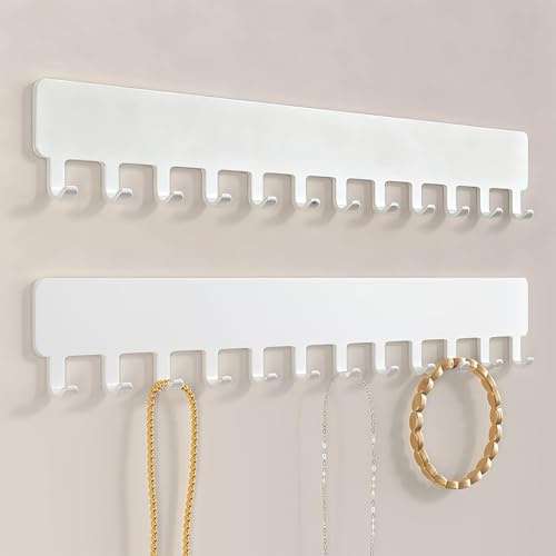 Zenfony 2Pcs Wall Mounted Jewelry Organizer, Adhesive Metal Key Holder, Key Hooks No Drill with 12 Hooks for Necklaces, Bracelets & Rings - Easy Installation Hanger Organiser in White