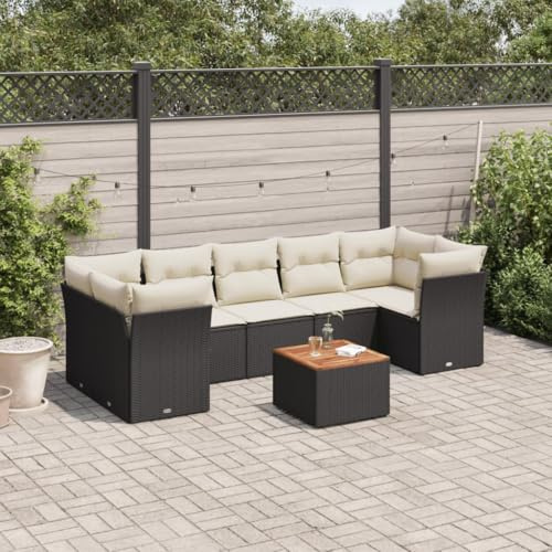 kithwjll Ensemble de canapé de jardin 8 pièces avec coussins en rotin synthétique noir résistant aux intempéries pour terrasse, balcon et extérieur, comprend table, groupes de sièges, housses, espace