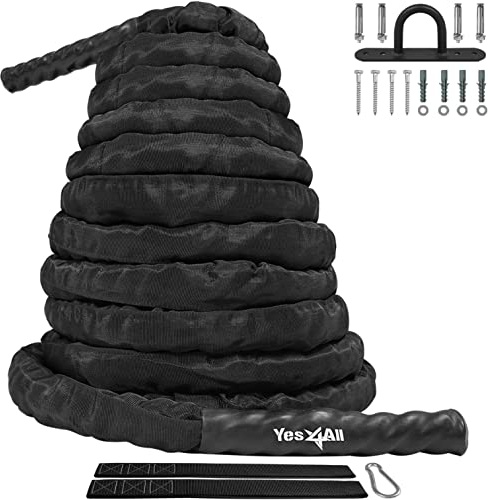 Yes4All Battle Rope with Protective Cover – Steel Anchor & Strap Included - Poly Dacron 1.5in - 40ft