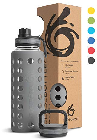 hydro2go borraccia vetro con copertura in silicone 950 ml - lavabile in lavastoviglie | 2 coperchi intercambiabili | 100% a tenuta stagna