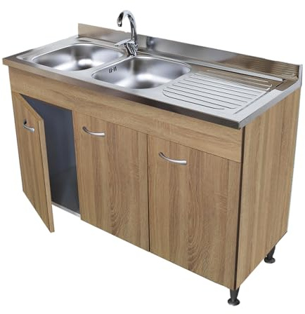 Mobile rovere per lavello acciaio inox cm.120 con lavello 2 vasche per cucina