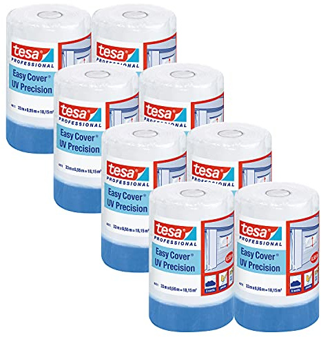 tesa Easy Cover 4411 UV Präzision - 8er Pack - Malerfolie mit Malerkrepp zum Abkleben und Abdecken - 2-in-1 Malerband mit Folie - weiß-transparent - je 33 m x 0,55 m