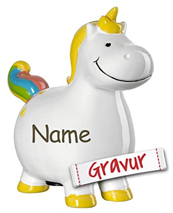 Leonardo Spardose personalisiert mit Namen/Gravur, Kinder Sparschwein, Geschenk für Mädchen, Geldgeschenk zur Taufe, Einschulung, Geburtstag, Konfirmation, Schulanfang (Einhorn)