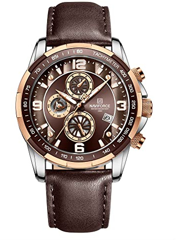 Naviforce Orologio sportivo analogico al quarzo da uomo con cronografo e cinturino in pelle, Sport