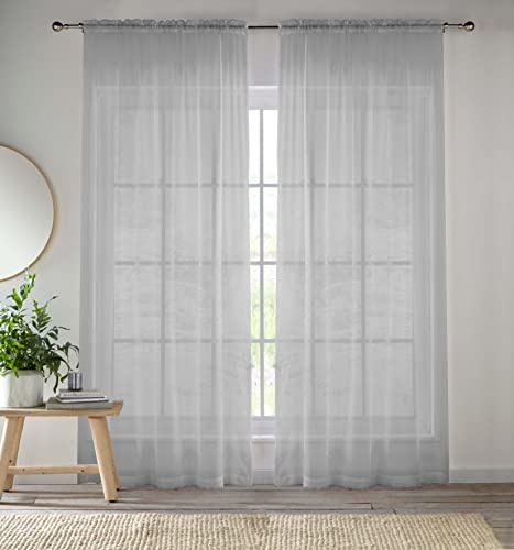 Förbättrade levande silvervoile gardiner för vardagsrumspanelpar – 57 breda x 72 fall – vanligt vävt spår topp genomskinliga gardiner (145 x 183 cm)