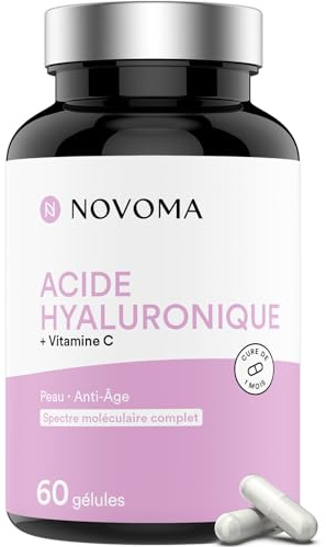 NOVOMA Acide Hyaluronique Pur en Gélules, Anti-Rides & Anti-Âge, 100% naturel, Cure de 1 mois, Breveté ExceptionHYAL® Star, 60 Capsules Vegan, Avec Vitamine C, Fabriqué en France