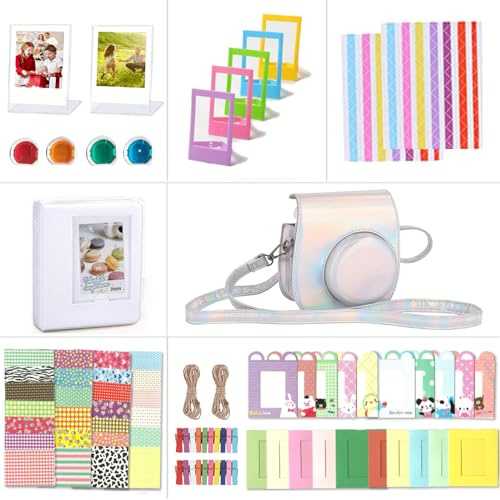 Riosin Accessoires compatibles avec l'appareil Photo pour Fujifilm Instax Mini 12, Comprenant Un Housse Mini 12, Un Album, Filtres, Cadres Muraux, Cadres de Film, Autocollant (Argent Magique)