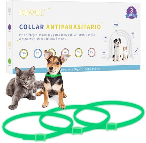 DEWEL Set de 3 Collar Antiparasitario Luminoso en Noche sin Electricidad, Collar contra Pulgas Garrapatas Piojos y Mosquitos, Tamaño 34,5cm para Perros Medianos Pequeños y Gatos