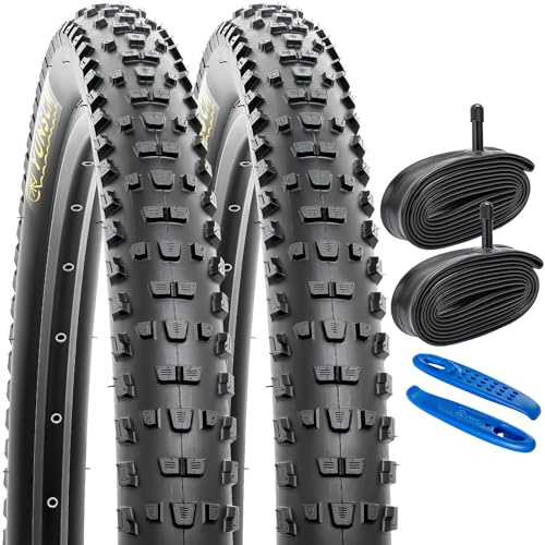 YunSCM 2PCS Faltbar 24 Zoll Reifen 24x2.25 ETRTO 57-507 und 24 Zoll Schläuche AV32mm Schrader Ventil Kompatibel mit Mountain/Off-Road Bike 24x2.20 24x2.25 24x2.30 Fahrradreifen und Schläuche
