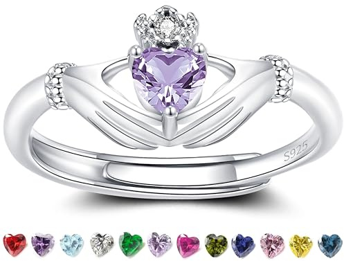 ZOEXUE February Claddagh Ring - Sterling Silver Amethyst Bithstone Band