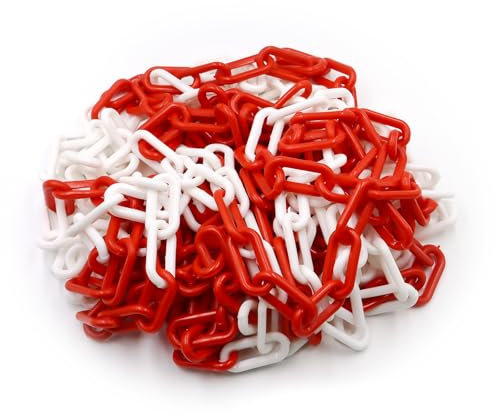 alwaiiz Cadena de seguridad de plástico rojo y blanco, 10 m x 8 mm, ligera y práctica, cadena de advertencia con 4 ganchos en S, cadena de plástico para cerrar superficies