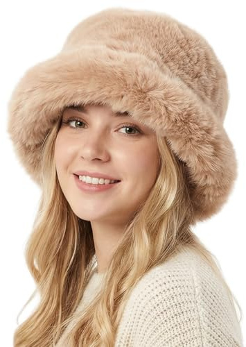 Michear Fluffy Buckets Hats Women Oversized Long Pile Faux Fur Hats for Women UK Wide Moldable Brim Fur Hat Winter Warm Fluffy Hat (UK, Alpha, One Size, Khaki)