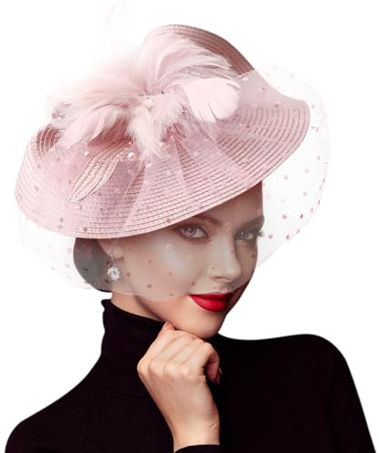 DRESHOW Fascinator Chapeaux en Maille Fleurie Chapeau Fascinateur en Maille Plume Mariage Cocktail Tea Party Chapeau pour Femmes Filles
