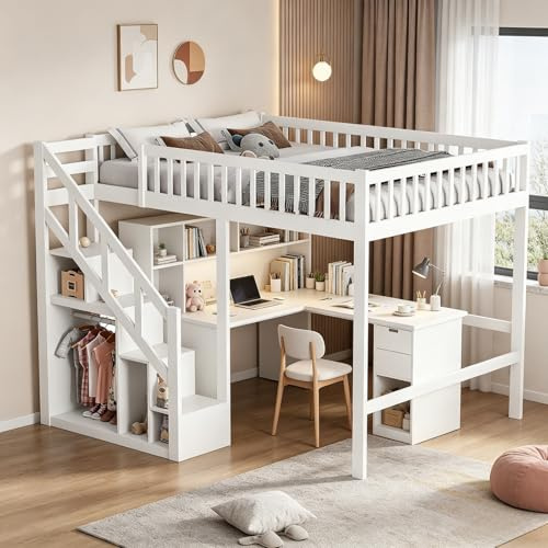 Letto a Castello Legno Massiccio 140x200 cm con Scala Sicura, Armadio Integrato e Rete a Doghe - Letto per bambini letto a soppalco per Bambini e Ragazzi, Struttura Resistente, Bianco(140 x 200 cm)