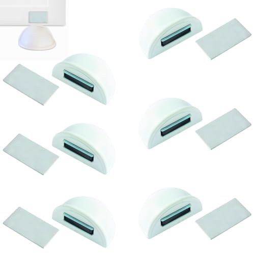 Topes para puertas suelo con iman 6 unds blanco - Tope puerta magnetico adhesivo, no requiere taladro de acero inox y plastico- Sujeta puertas suelo protege paredes (Blanco 6 unds)