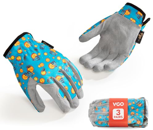 Vgo... 3 Paires Gants de Jardinage pour Enfants Age 3-9 ans,Gants de Travail Sécurité Souples pour Activités Extérieures(KID-MF7362,Bleu,S,3 paires)