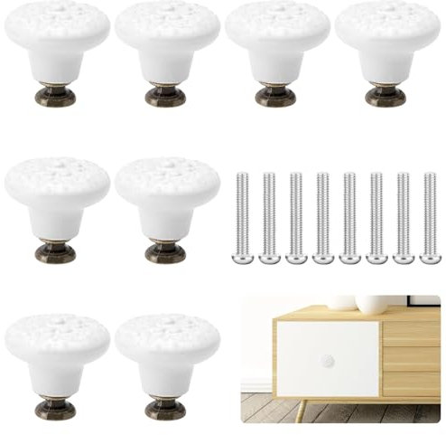 UOCAI Lot de 8 boutons de tiroir en céramique vintage avec vis de montage, blanc Boutons de portes pour placard, tiroir, porte de placard